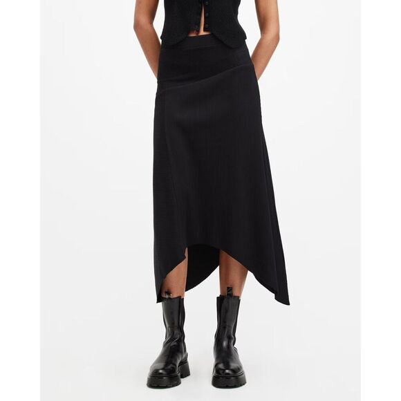 NEW Allsaints Gia Asymmetric Midi Ribbed Skirt in Black UK 10 US 6 - Picture 2 of 8